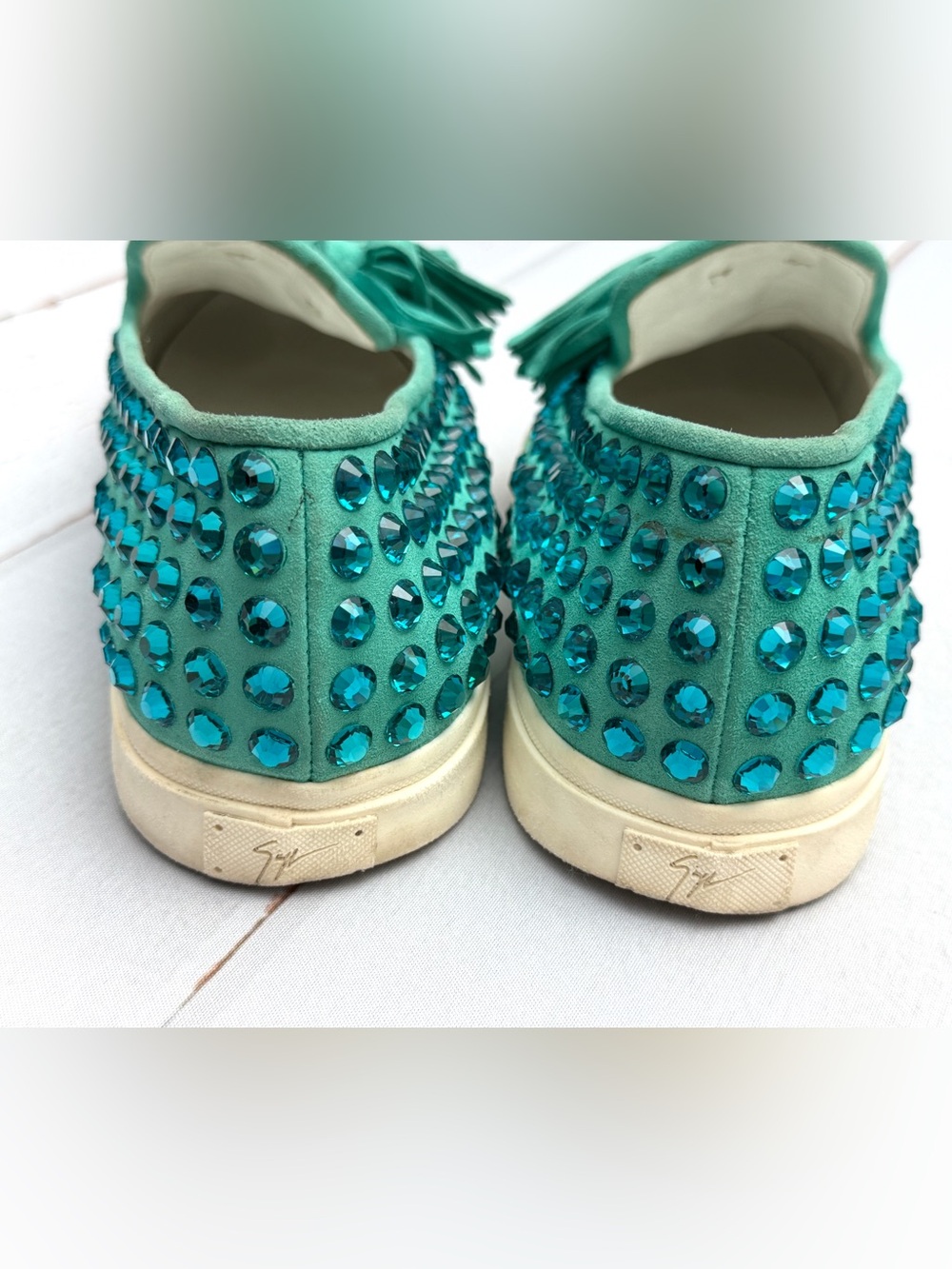 Giuseppe Zanotti Crystal Tassel Loafers Turquoise Suede Size EU 38 (US 8) Italy - Picture 5 of 12